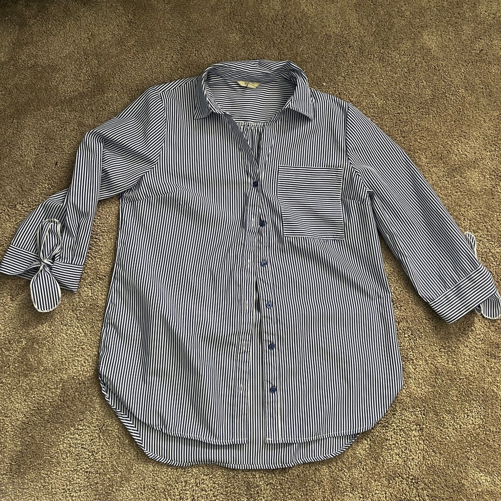 blue and white button down blouse